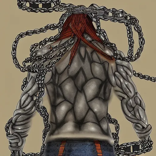 Image similar to A FULL BODY PORTRAIT FROM BEHIND OF MADARA UCHICHA ,THE MAN KEEPS A KUSARIGAMA AND IT IS WRAPPED IN CHAINS ,detailed, concept art, ink style , sketch