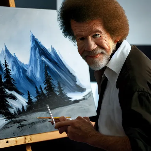 Prompt: a closeup photorealistic photograph of bob ross working on a canvas painting of batman. film still. brightly lit scene. mountains and trees. this 4 k hd image is trending on artstation, featured on behance, well - rendered, extra crisp, features intricate detail, epic composition and the style of unreal engine.
