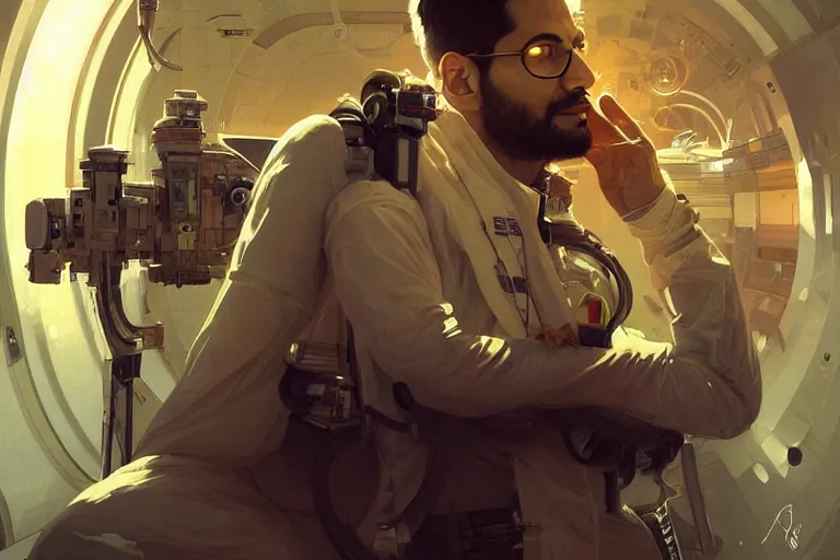 Image similar to Sensual good looking pale young Indian doctors wearing Deus Ex clothing in a space station above Earth, portrait, elegant, intricate, digital painting, artstation, concept art, smooth, sharp focus, illustration, art by artgerm and greg rutkowski and alphonse mucha