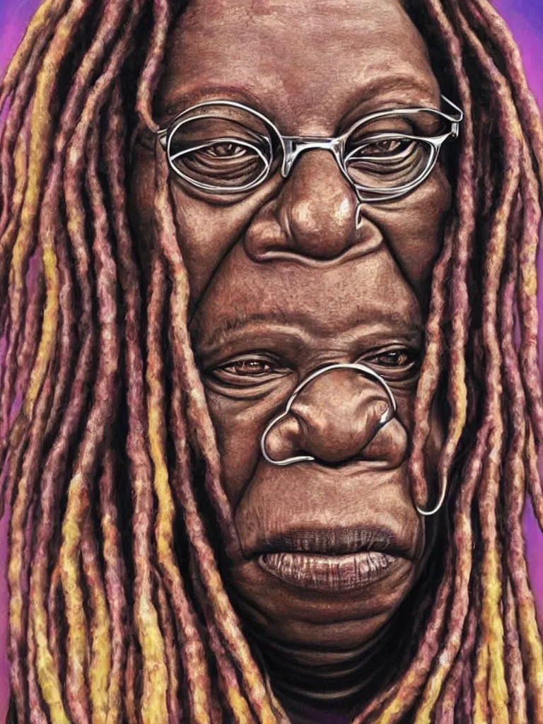 Prompt: portrait of whoopi goldberg, by visionary artist alex grey, painting, hyper realistic, super detailed, high resolution