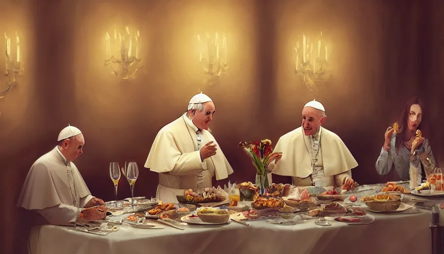 Prompt: the pope at a shabbat dinner, hyperdetailed, artstation, cgsociety, 8 k