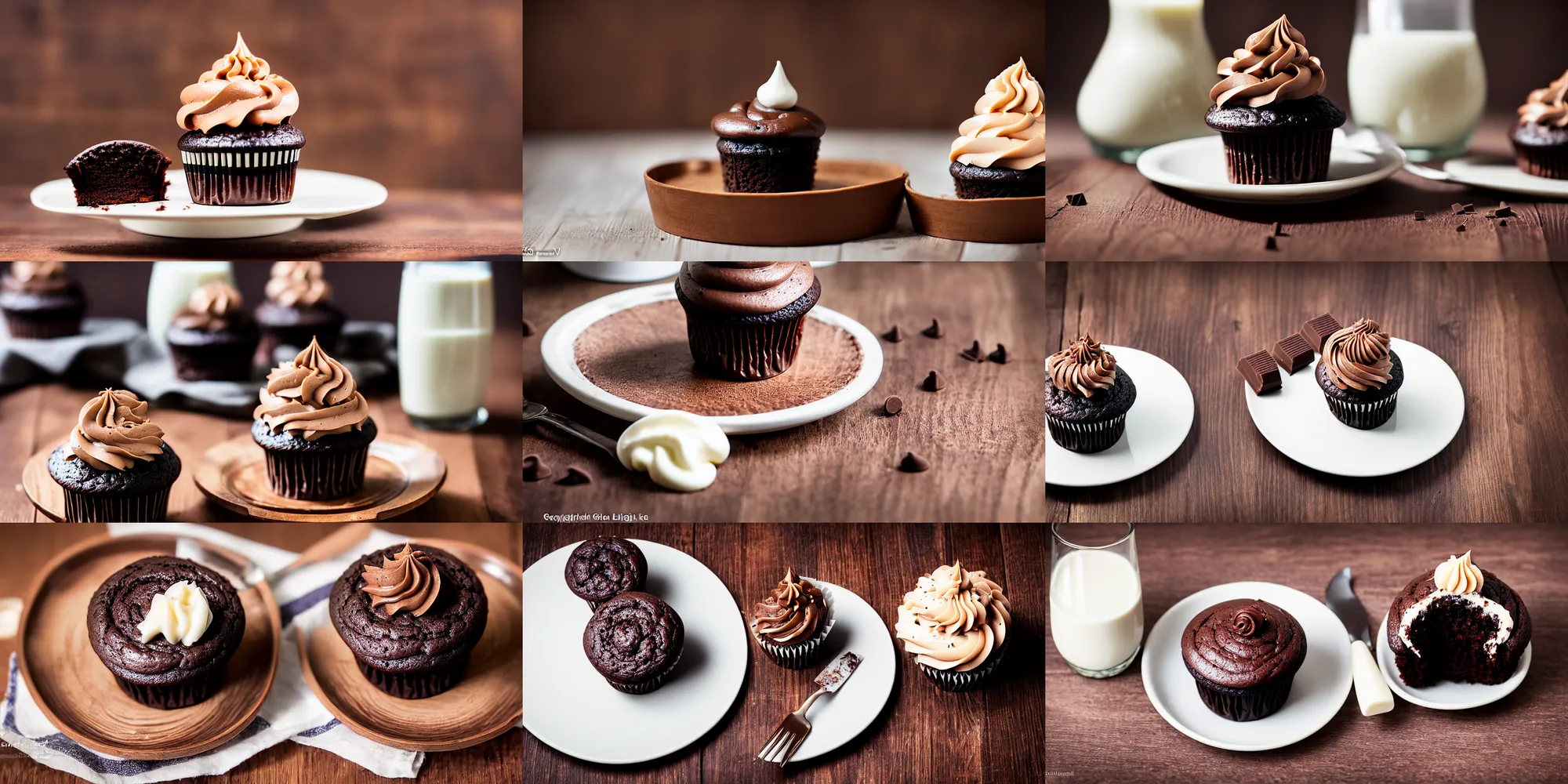 Prompt: dslr food photography of a chocolate cupcake, on a wooden plate, with brown - white - striped creme topping and a glass of milk on the side, macro shot, hasselblad, 1 0 0 mm f 1. 8, dimmed lightning