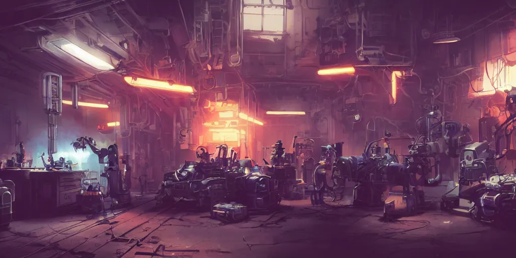 Prompt: concept art, realistic dieselpunk robot repair workshop, neon glow, volumetric lighting, strong shadows, reflections, high contrast, glowing robot motifs, octane render, curves, bladerunner, loish, syd mead, akihiko yoshida, cinematic