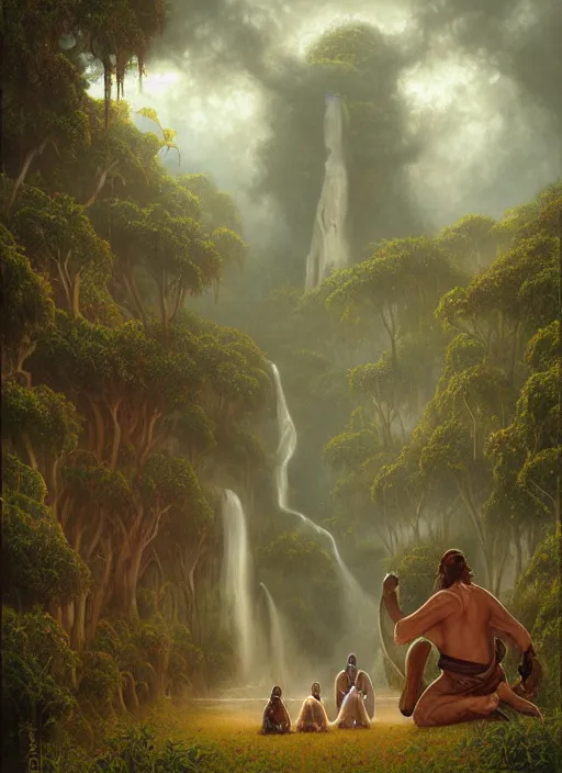 Image similar to ancestors protecting a shaman praying in the jungle, old faces in the clouds, art by christophe vacher