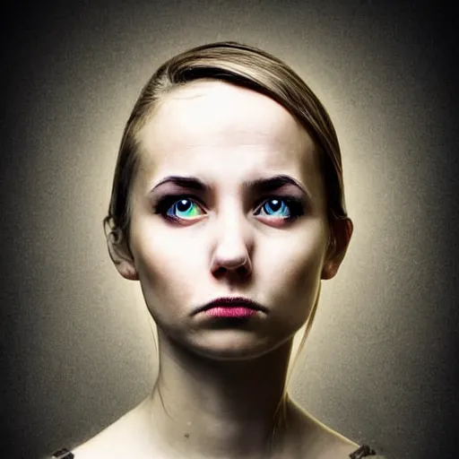 Image similar to beautiful portrait of a hopeless, worthless, lonely, ( young woman ) lawyer, sad, frightening, depressing, miserable, stunning, intelligent, stark, vivid!!, sharp, crisp, colorful!!, ultra ambient occlusion, reflective, universal shadowing, fantasy art, extremely even lighting.