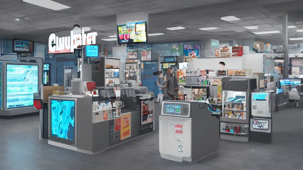 Image similar to cloudpunk unilateral convenience store robo - cashier