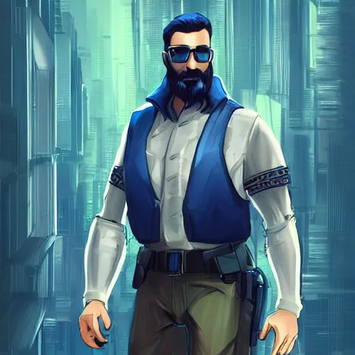 Image similar to character design policeman, concept art character, very high angle view, one arm of the robot body, book cover, very attractive man with beard, walking in cyberpunk valley highly detailed full body, strong masculine features, sturdy body, command presence, policeman!!, royalty, smooth, sharp focus, organic, appealing, deep shadows