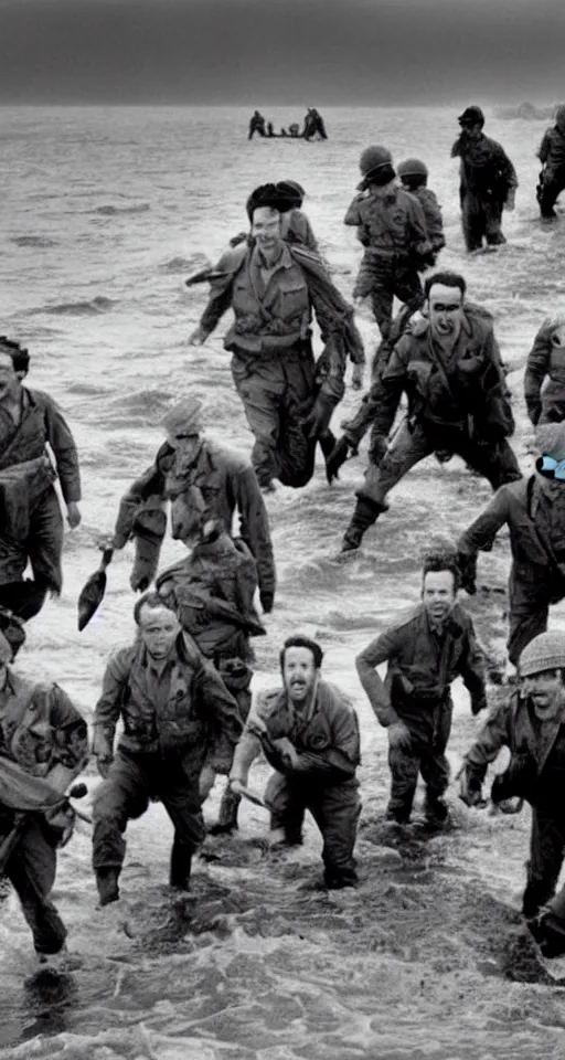 Image similar to charlie day, rob mcelhenney, glenn howerton, kaitlin olson, and danny devito are storming the beaches of normandy, 1 9 4 5, black and white, horrorscape