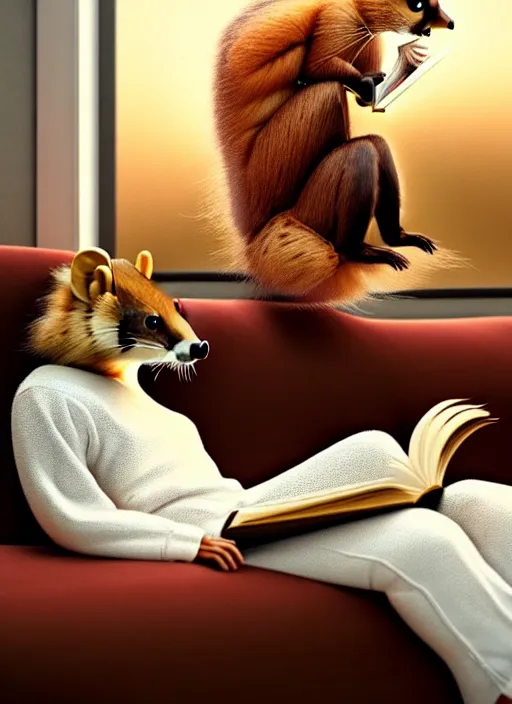 Image similar to A beautiful scene featuring a humanoid pine marten in loose white clothing reading on a couch. Golden hour. Hyperrealistic. Trending on CGSociety.