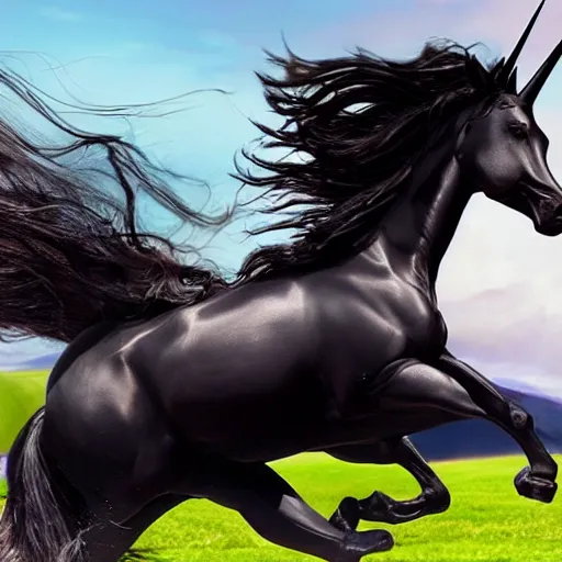 Prompt: lady godiva riding a black unicorn, wind blowing her hair, photorealistic, action shot, HD