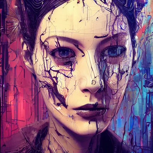 Image similar to human 3 d by woo, beautiful woman head made of mech mask rendered in unreal engine, cyberpunk, dark, scifi, painted by david burliuk | bernard buffet | carne griffiths | stanislaw lem