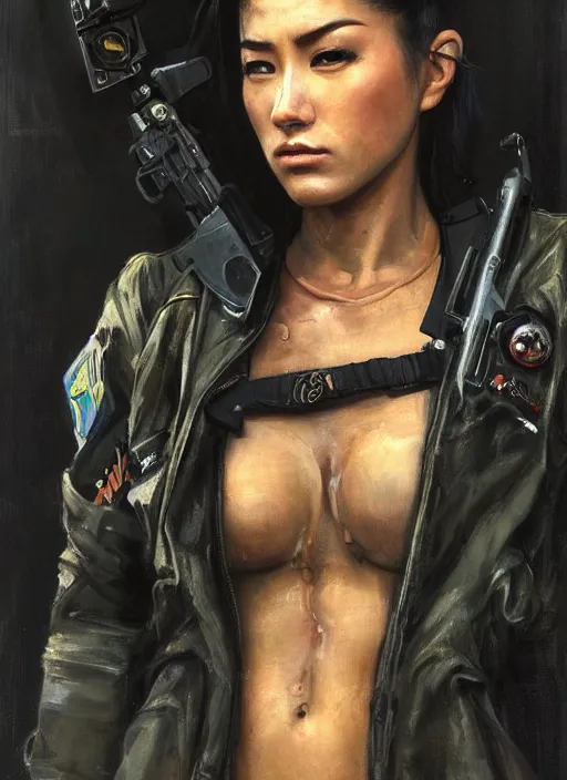 Image similar to Nikki tanaka. beautiful cyberpunk female USN marine wearing a military vest and punk clothing. (Cyberpunk 2077, bladerunner 2049). gorgeous face. Iranian orientalist portrait by john william waterhouse and Edwin Longsden Long and Theodore Ralli and Nasreddine Dinet, oil on canvas. Cinematic, hyper realism, realistic proportions, dramatic lighting, high detail 4k