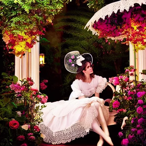 Image similar to fantasy, glow, shimmer, emma watson as victorian woman in a long white frilly lace dress and a large white hat having tea in a sunroom filled with flowers, roses and lush fern flowers ,intricate, night, highly detailed, dramatic lighting , high quality