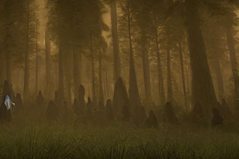 Prompt: procession of mysterious hooded figures in a forest clearing| richly embroidered velvet cloaks| tall trees| dramatic atmospheric lighting | Evelyn De Morgan and Maxfield Parrish |featured on Artstation |unreal engine