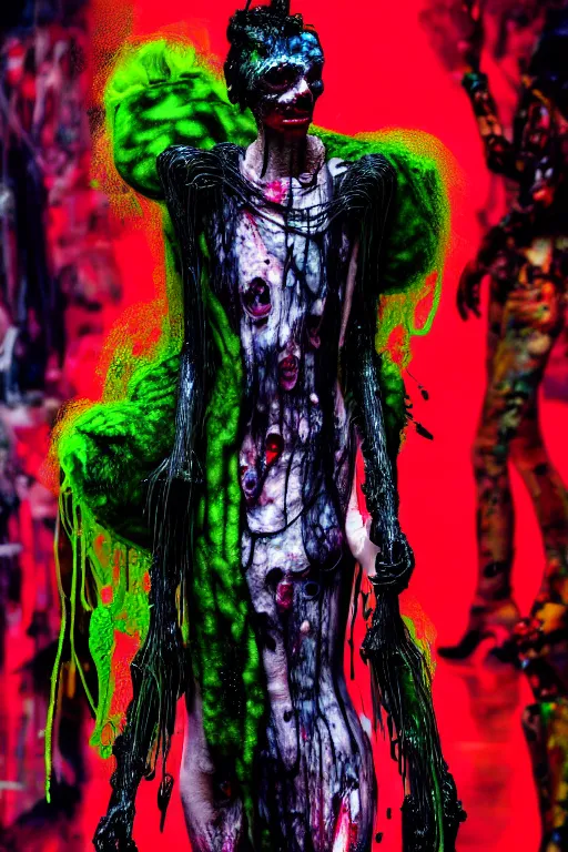 Image similar to crazy fashion catwalk, one model, crazy clothes, biopunk style, horror, clothes look like slime, hauntingly surreal, highly detailed painting by francis bacon, edward hopper, adrian ghenie, gerhard richter, and james jean soft light 4 k,