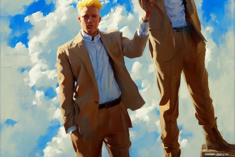 Image similar to greg manchess portrait of a blond man in a blue suit falling towards the ground, profile picture, organic painting, sunny day, matte painting, bold shapes, hard edges, street art, trending on artstation, by huang guangjian, gil elvgren, ruan jia, randy vargas, greg rutkowski