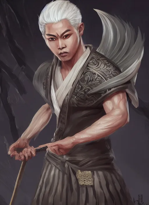 Image similar to a highly detailed illustration of short white hair parted down middle fierce asian man, wearing hakama, with black sclera eyes, heroically battle posing, muscular, intricate, elegant, highly detailed, by greg rutowski, centered, digital painting, artstation, cgsociety, concept art, smooth, sharp focus, league of legends concept art, WLOP