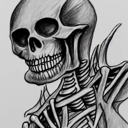 Prompt: pencil drawing of a devil skeleton in black coat
