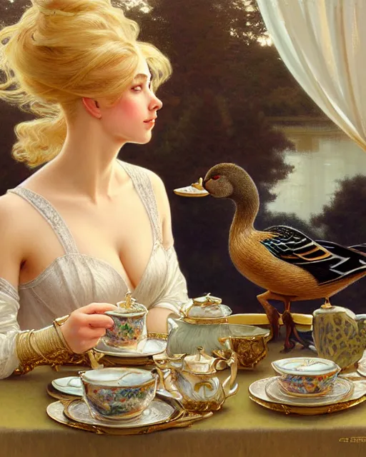 Prompt: Portrait of a blonde lady & a mallard & a pig having tea at the Ritz, real life skin, intricate, elegant, highly detailed, artstation, concept art, smooth, sharp focus, art by artgerm and greg rutkowski and alphonse mucha
