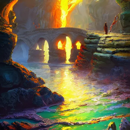 Image similar to acrylic painting, impressionism and expressionism, bold colors, expressive brushstrokes. the ferryman under a stone bridge over the river styx in hades. fantasy art by tyler edlin, cgsociety, burning torches, cliffs