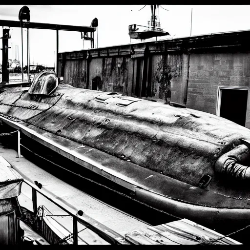 Prompt: Black and White photo of steampunk submarine at dry dock