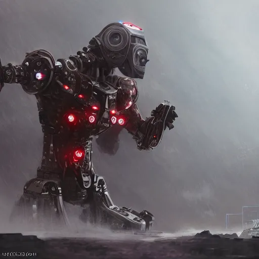 Prompt: a war robot named excertius who protects the machine father and mother, hovering, abstract, red eye, weaponized, sci - fi, hyper detailed, unreal engine, pristine, hyper realism, hyper detailed, trending on art station