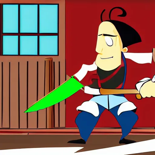 Image similar to an Italian-American man preparing to raid a Wendy's restaurant with a snow shovel in place of a buster sword, in the style of Samurai Jack