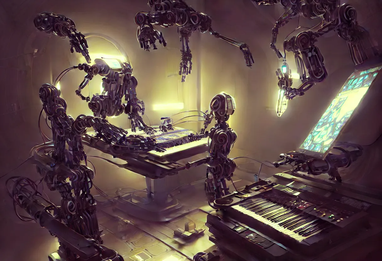 Image similar to beautiful render, funny synthesizer robot playing keyboards, ONE ROBOT, symmetry, cyberpunk, sci-fi, fantasy, intricate, elegant, highly detailed, digital painting, artstation, concept art, smooth, sharp focus, octane render, dramatic lighting, art by artgerm and greg rutkowski and alphonse mucha and wlop