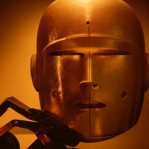 Image similar to the man with robot head, cinematic composition, cinematic light, criterion collection, movie by david lynch