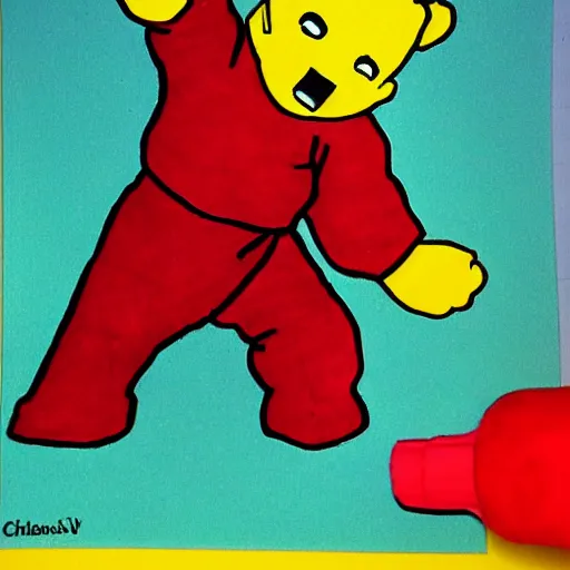 Image similar to Child drawing of a ninja fighting a teletubby