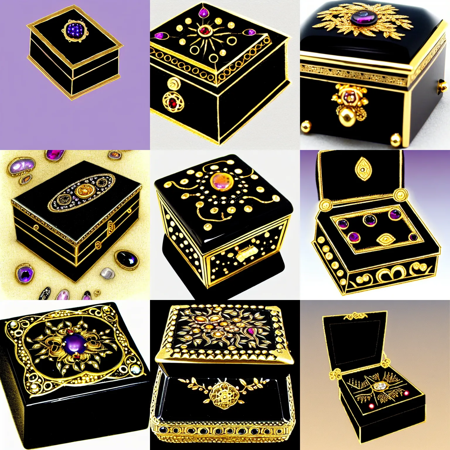 Image similar to a small, black, magical box, made of polished onyx stone. it has intricate golden mechanisms, including glowing rubies, topazes, sapphires, and amethysts. drawn in a fantasy style.