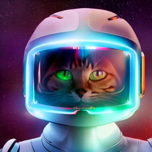 Image similar to futuristic sci fi kitty operating a mech, cat wearing helmet, sci fi helmet with visor, 4 k, 8 k, pixar style, bright colors, alien planet