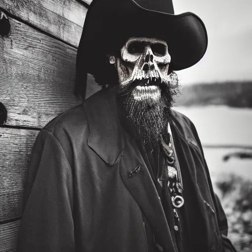 Image similar to masterpiece portrait photo a dirty skull masked hunched old slim pirate lord with a black hat, long beard, long hair, black coat, ragged and torn, wooden inn by torchlight, dslr, cinematic, photography, sigma lens 7 0 mm