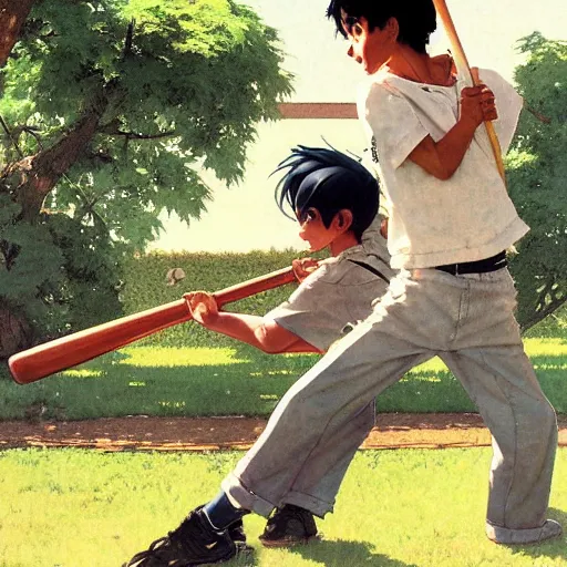 Prompt: a summer day. A teen boy with black hair is wearing a baseball cap and outfit and swinging his baseball bat. Norman Rockwell. Makoto shinkai. Kuvshinov ilya.