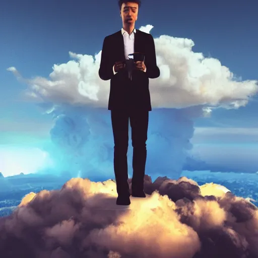 Prompt: ultra realist render of a bomb explosion cloud background, daily clothed man drinking his coffee, partial symmetry accurate features, very intricate details, focus, award winning