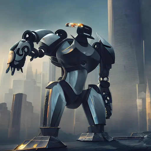 Prompt: a six meter tall robot fighting in a city, action scene screenshot, futuristic concept art, cgsociety, epic scale