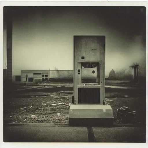 Prompt: polaroid of a Terminator T-800, abandoned hospital on the background, dark, moody, foggy, scary