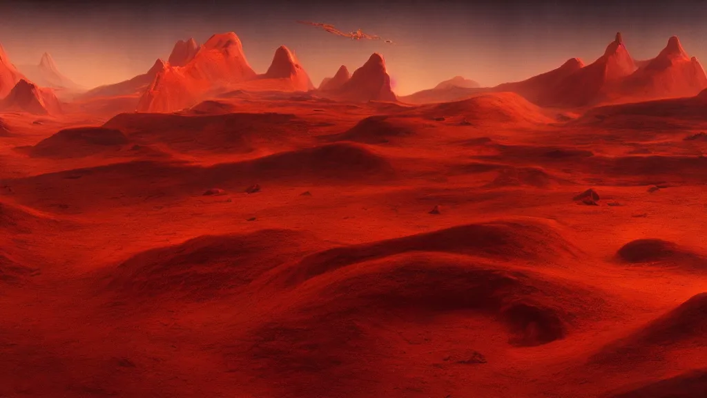 Image similar to otherworldly atmosphere of an alien mountain red desert planet by zaha hadid and arthur haas and bruce pennington and john schoenherr, cinematic matte painting, 8 k dark moody colors