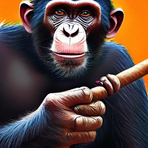 Image similar to a chimp wearing a suit smoking a cigar, dramatic lighting, cinematic, establishing shot, extremly high detail, photorealistic, cinematic lighting, artstation, style by James Gurney