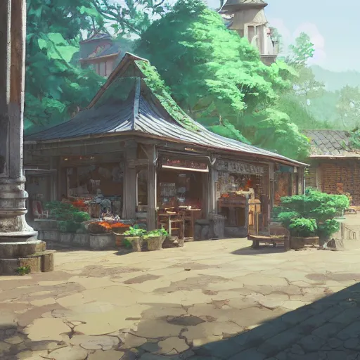 Image similar to concept art painting of a historic bakery with european and japanese architecture, in a woodland village surrounded by trees and mountains, realistic, detailed, cel shaded, in the style of makoto shinkai and greg rutkowski and james gurney