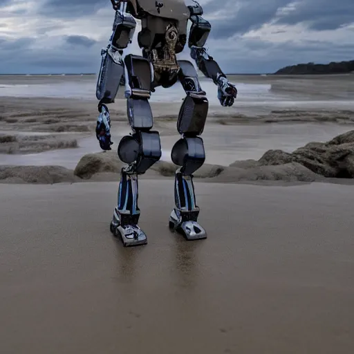 Prompt: bipedal humanoid robot invading omaha beach, hyper realistic, 4 k, highly ornate intricate details, sharp image, incredible detail,