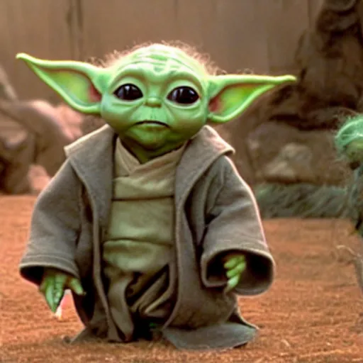 Image similar to a film still of baby yoda's kid riding a wagon to get together station in star wars realistic, detailed