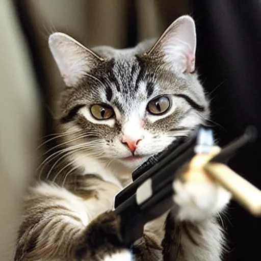 Image similar to “A cat, holding a gun in its paws”