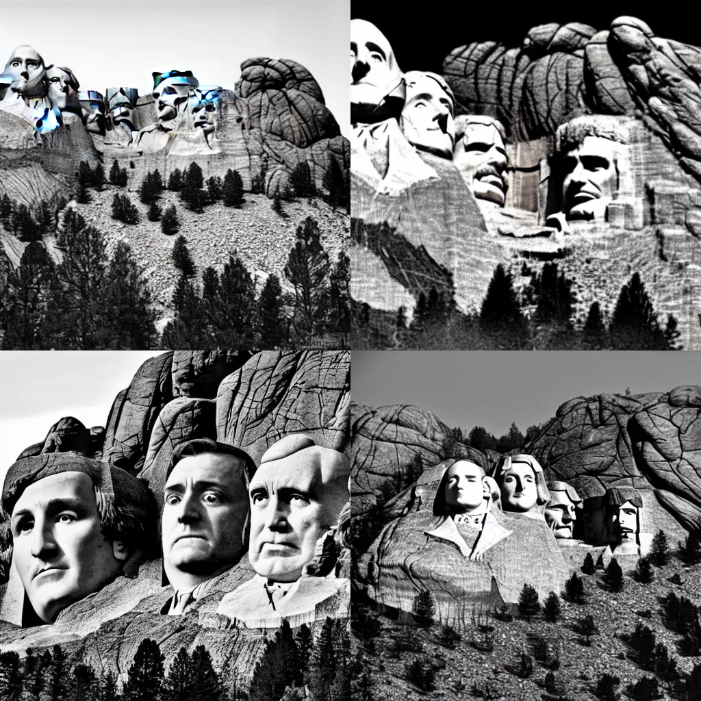 Prompt: ansel adams photo mt rushmore but with the facres of geddy lee, alex lifeson, and neil peart