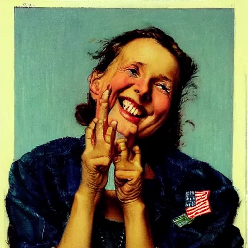 Image similar to a portrait of svika pick smiling while doing a peace sign, by norman rockwell