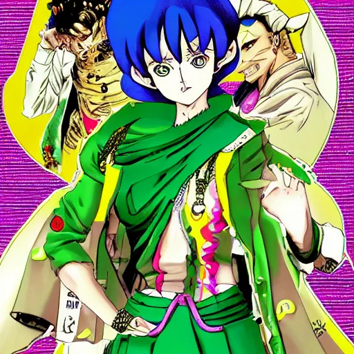 Prompt: a jojo's bizarre adventure manga artstyle colorful sktech : Marie the mother of Jesus standing up arm crossed by hirohiko araki shonen jump, crips details, realistic, featured on Artscape