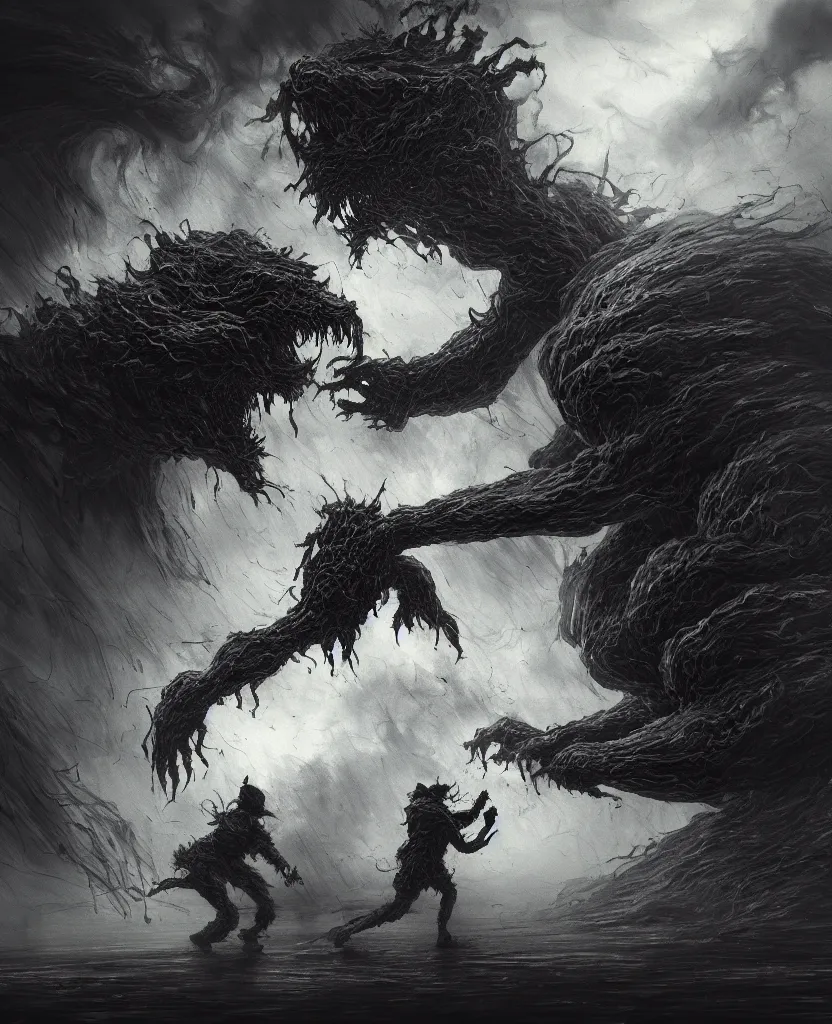 Image similar to a painting of a giant smoke monster fighting a young man, dark colors, sinister atmosphere, dramatic lighting, cinematic, establishing shot, extremely high detail, photo realistic, cinematic lighting, pen and ink, intricate line drawings, by Yoshitaka Amano, Ruan Jia, Kentaro Miura, Artgerm, post processed, concept art, artstation, matte painting, style by eddie mendoza, raphael lacoste, alex ross,