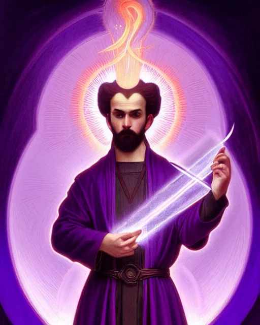 Image similar to portrait of saint germain, he is holding the violet purple indigo flame, completely violet colored, intricate, elegant, highly detailed, digital painting, artstation, concept art, smooth, sharp focus, illustration, art by artgerm and greg rutkowski and fra angelico and alphons mucha