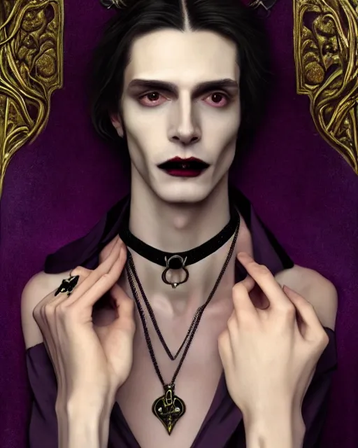 Image similar to a beautiful androgynous man, long hair, tall and thin, vampire, dressed in velvet, wearing several pendants and a choker, illustration, dramatic lighting, soft details, painting oil on canvas, art nouveau, octane render, hdr, 4 k, 8 k, hd, by edmund blair leighton, brom, charlie bowater, faces by otto schmidt