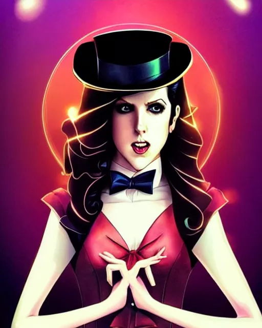 Image similar to beautiful Anna Kendrick Zatanna DC Comics floating on stage, wearing a top hat, symmetrical face symmetrical eyes, smiling, fantasy, intricate details, atmospheric, elegant, concept art, art by artgerm and eiichiro oda, Joshua Middleton art